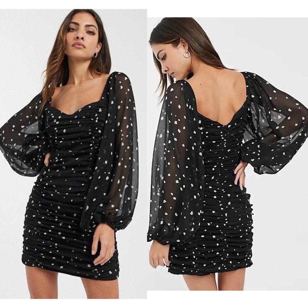 NWT ASOS Ruched Bodycon Black Polka Dot Dress